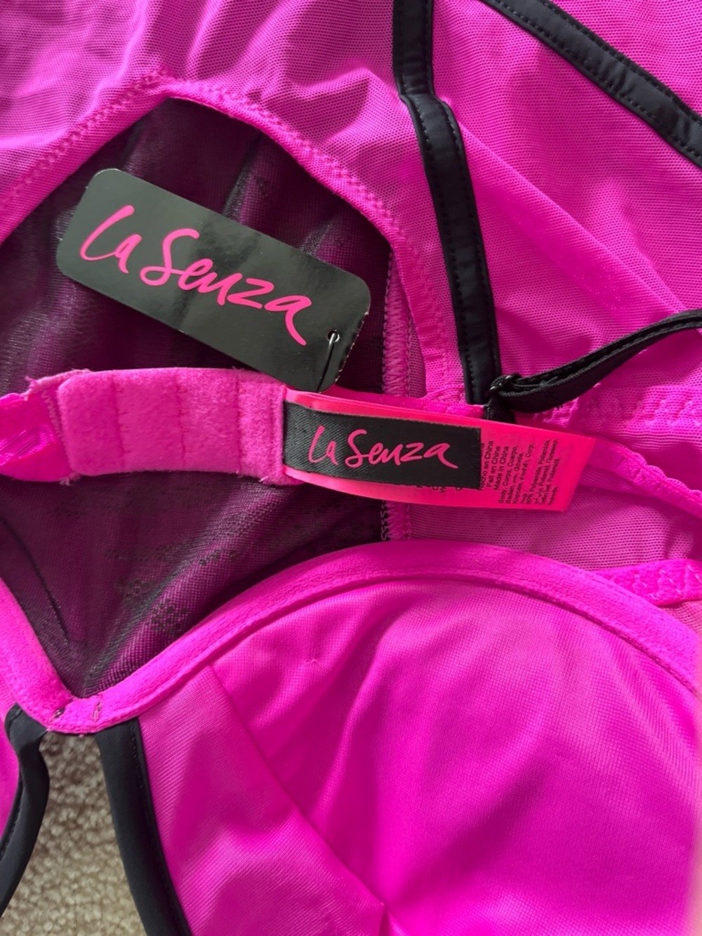 La Senza Hot Pink & Black Mesh Bustier Corset with Garters and Removable Padding - Picture 10 of 11